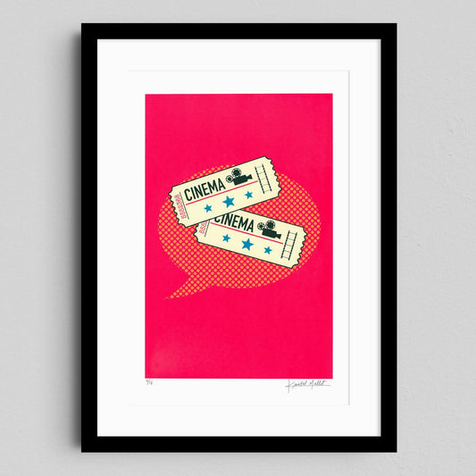 Framed artwork with cinema tickets on a red background
